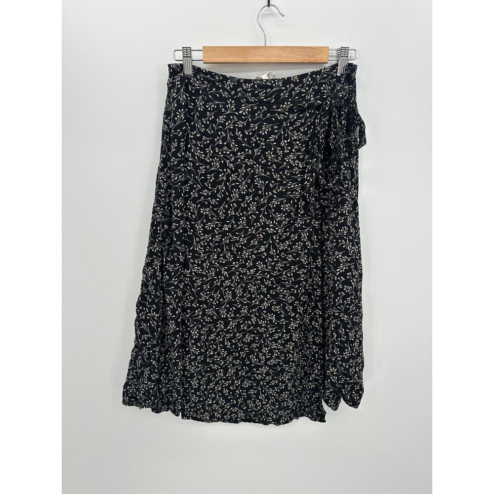 Bohme Womens Black Microfloral Midi Wrap Skirt‎ Size M Boho Cottagecore Minimal
